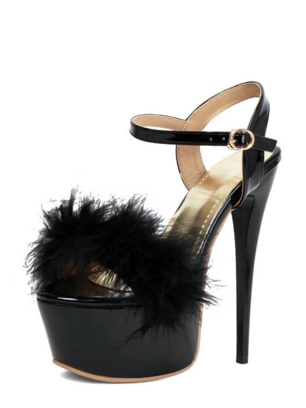 Black Feather Trim Patent Platform Stiletto Sandals